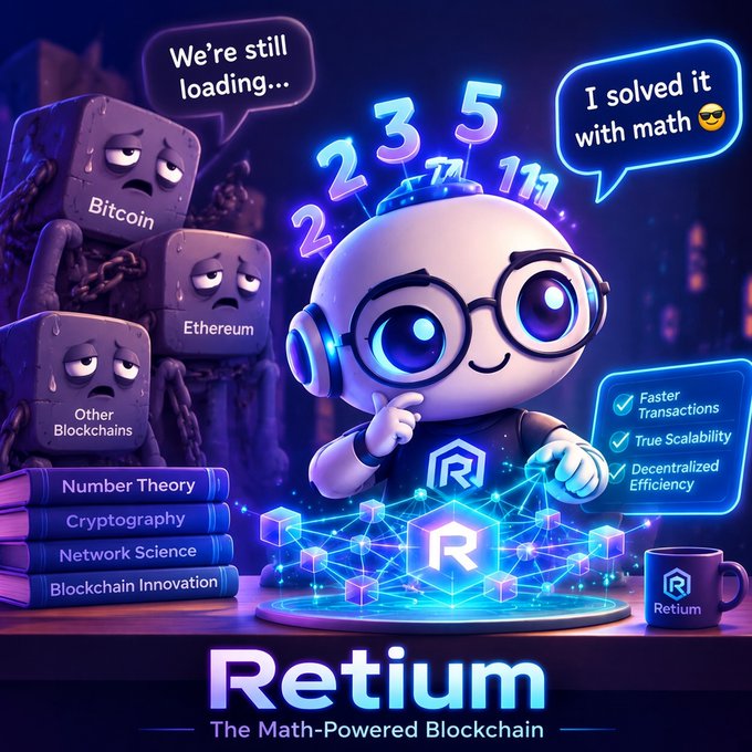 A crypto advertisement for 'Retium - The Math-Powered Blockchain' featuring a cute cartoon robot with glasses, surrounded by blockchain-themed elements including Bitcoin, Ethereum, and books labeled 'Number Theory', 'Cryptography', 'Network Science', and 'Blockchain Innovation', with speech bubbles saying 'We're still loading...' and 'I solved it with math'.