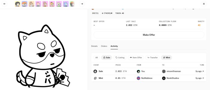 An NFT marketplace interface shows a white cat cartoon character with details including a last sale of 2.022 ETH and rarity rank #2 for an Ethereum-based token.