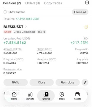 A screenshot of a Binance futures position showing a $2,000 short trade on the BLESSUSDT pair with an unrealized profit of +$7,534.5162 USDT (+217.23% ROI), confirming the massive gains highlighted in the accompanying post about a revenge trade following a previous stoploss.