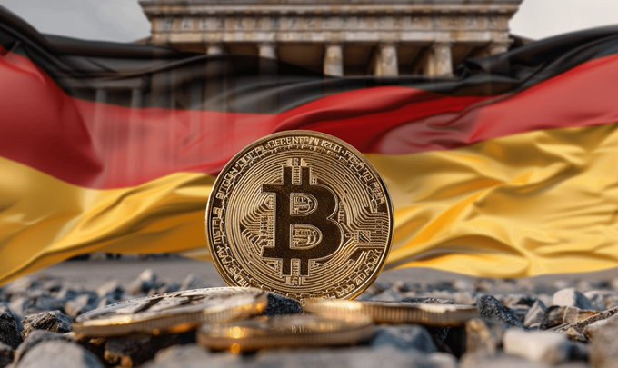 A golden Bitcoin coin stands prominently in the foreground, set against a flowing German flag with the Brandenburg Gate visible in the background. The image visually reinforces the story about Germany's Sparkassen network bringing crypto trading—including Bitcoin, Ethereum, Litecoin, and Cardano—to mainstream retail customers.