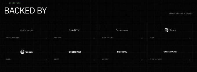 An 'INVESTORS' section headed 'BACKED BY' listing venture capital firms including Delphi Ventures, Dialectic, Stake Capital, 1inch, Gnosis, Socket, Biconomy, and Tykhe Ventures.