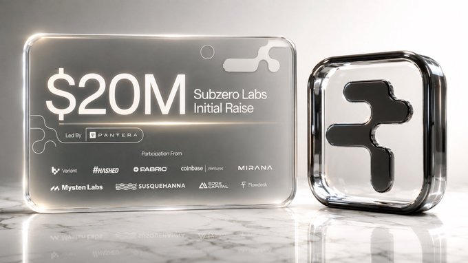 A sleek promotional graphic showcases **Subzero Labs' $20M initial raise**, led by **Pantera Capital** with participation from **Variant, Coinbase Ventures, Hashed, Mirana, Fabric Ventures, Myster Labs, Susquehanna, Edge Capital, and Flowdesk**. The accompanying post connects this funding announcement to the **Rialo Playground testnet airdrop**, noting that participants can earn welcome and daily points for a potential $RIALO token airdrop.
