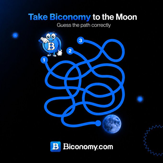 The image features a blue maze with a cartoon character, likely representing Biconomy, standing at the center of the maze. The maze appears to lead towards the moon, which is positioned in the top right corner of the image. The caption below the maze reads "Take Biconomy to the Moon Guess the path correctly: 1, 2 or 3 Follow @BiconomyCom Like & Repost Comment".