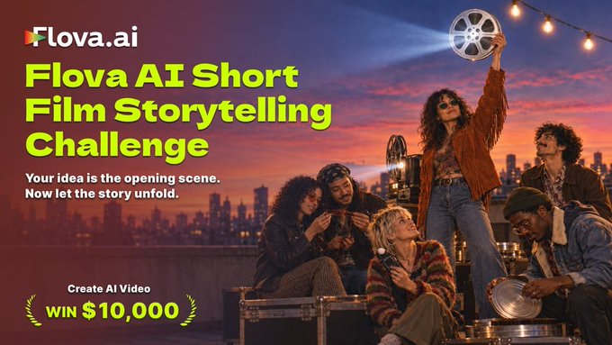 A promotional banner for 'Flova.ai' announces a 'Flova AI Short Film Storytelling Challenge' offering a chance to 'WIN $10,000'.