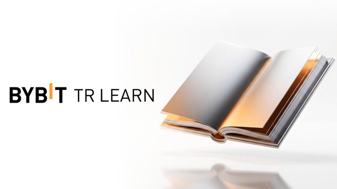 A minimalist graphic displaying the "BYBIT TR LEARN" logo next to an open book with floating pages on a white background, representing educational content.