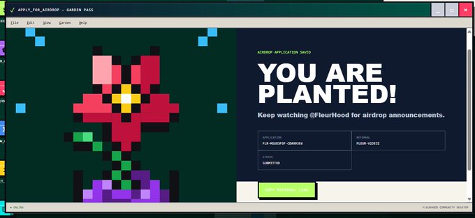 A pixel art application interface shows a red flower on the left, with text on the right stating "AIRDROP APPLICATION SAVED" and "YOU ARE PLANTED!" along with application details and a green "OK, I'M READY" button.