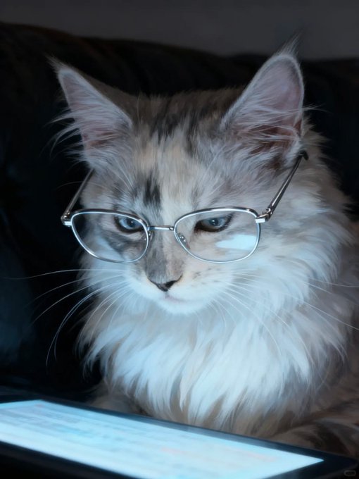 A fluffy grey and white cat wearing glasses, sitting behind what appears to be an illuminated screen.