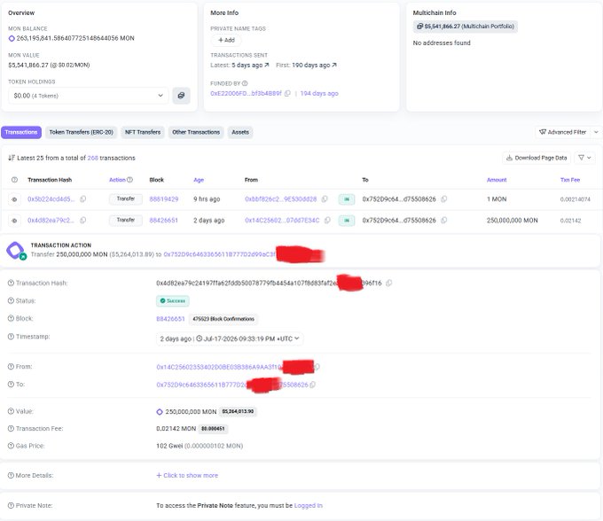 A blockchain explorer page showing MON token transactions with a balance of 265,195,841.58 MON ($5,541,866.27), highlighting a transfer of 250,000,000 MON ($5,264,013.89) with success status confirmed in block 88426551.