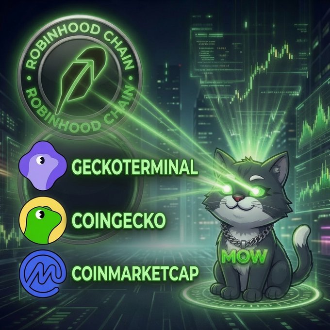 The image showcases the "$MOW" cat mascot alongside the Robinhood Chain logo and icons for GeckoTerminal, CoinGecko, and CoinMarketCap, set against a cyberpunk-style cityscape with green holographic trading charts. This visually reinforces the post's announcement about $MOWCAT completing registration on CoinGecko and CoinMarketCap (CMC request number 1443418-1785959226) as it prepares for listings on Robinhood Chain.