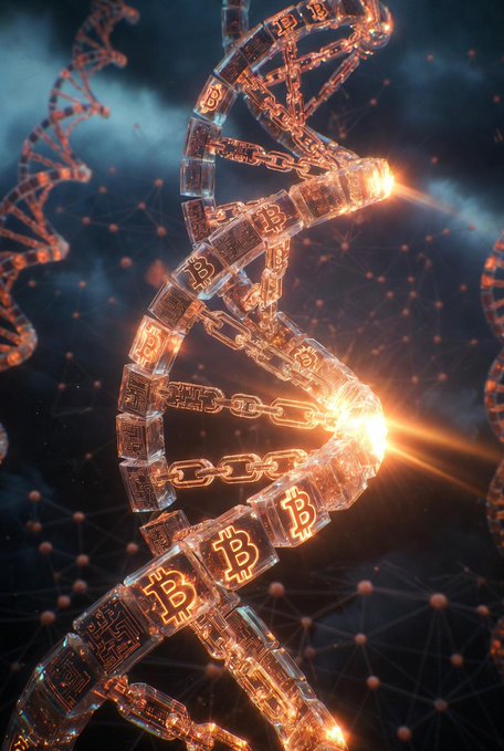 A glowing digital DNA double helix made of blockchain blocks displays the Bitcoin "B" symbol, symbolizing the cryptographic code underlying the network. The image visually reinforces the post's theme of Bitcoin's role as money that supports fiat-based financial tools like Bitcoin-collateralized loans, whose LTV ratios must be monitored ahead of the BIP-110 activation at block 961,632.
