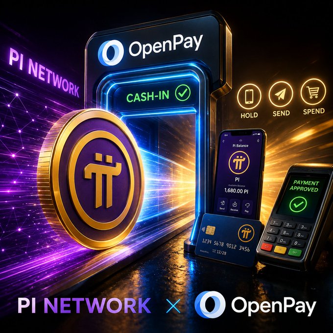 The graphic showcases a glowing Pi coin alongside an "OpenPay" terminal displaying "CASH-IN ✓," with a smartphone showing a "PI Balance" of 1,680.00 PI and a POS device confirming "PAYMENT APPROVED," while "HOLD," "SEND," and "SPEND" icons highlight OpenPay's expanded payment capabilities for Pi Network users.