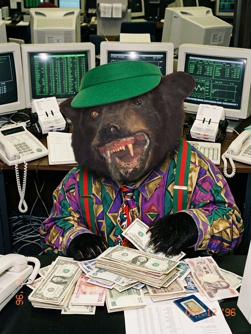 A surreal, humorous image depicts a bear wearing a green hat and a colorful 90s-style patterned shirt with suspenders, sitting at a desk with old computer monitors showing financial charts, surrounded by stacks of various international currencies and a sign reading '96 '96'.