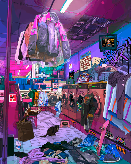 A stylized, neon-colored illustration of a cluttered laundromat featuring hanging clothes, washing machines, a black cat, and a person inside one of the machines.