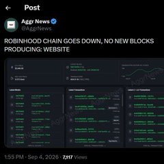 The image shows an "Agg News" post on X (formerly Twitter) dated September 4, 2026, reporting that the Robinhood Chain has gone down with no new blocks being produced on the blockchain network, displaying dashboard statistics with multiple green-highlighted metrics. This relates to the user's question about PulseChain by highlighting concerns about centralized vs. decentralized blockchain infrastructure, suggesting that Robinhood Chain's outage exemplifies the risks of relying on centralized exchanges rather than true L1 blockchains like PulseChain.