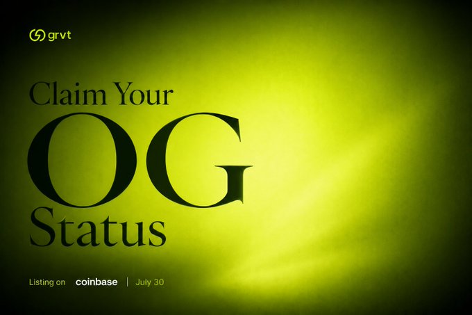 A promotional graphic with a glowing yellow-green gradient background displays the text "Claim Your OG Status" in large dark serif lettering, alongside the grvt logo in the top-left and a footer noting "Listing on coinbase | July 30." The image visually reinforces the post's call to action, inviting users to join the GRVT Telegram Mini App early and secure their $GRVT token allocation before the Coinbase listing on July 30 to unlock exclusive beta perks.