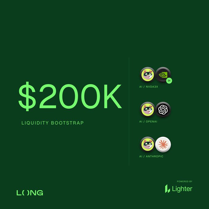 A promotional graphic with a dark green background featuring "$200K LIQUIDITY BOOTSTRAP" in large neon green text, alongside logos representing AI/NVIDIA3X (with a 3X multiplier), AI/OpenAI, and AI/AI/Anthropic, with "LONG" and "Lighter" branding at the bottom. The image visually supports the post's framing of the $200K liquidity bootstrap as a high-conviction bet on AI growth, represented through the tokenized AI companies and the "3X" leverage on NVIDIA.