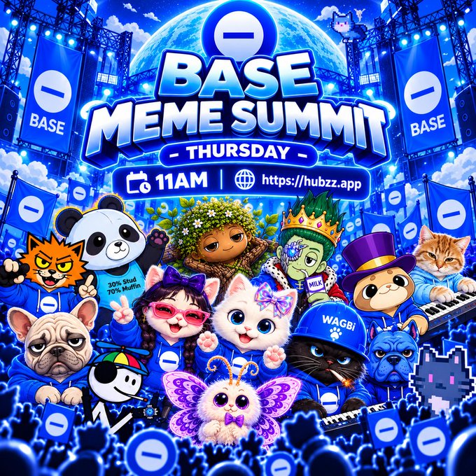A vibrant promotional poster for 'BASE MEME SUMMIT - THURSDAY - 11AM' at https://hubzz.app, featuring various cartoon animal and character mascots on a blue concert-themed background.