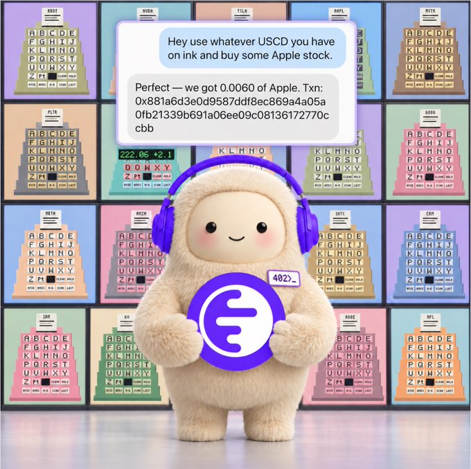 A whimsical digital illustration features a fluffy yeti mascot with purple headphones holding the USDC logo, surrounded by stock ticker boards and a chat bubble about buying Apple stock with USCD.