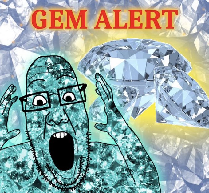 A cartoon figure screams in shock beneath bold red text reading "GEM ALERT," set against a dazzling background of sparkling diamonds — humorously emphasizing the poster's excitement about spotting an undervalued gem (likely referring to "blue chips") on RobinHood.
