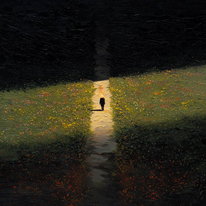 The image depicts a person walking down a path through a field of flowers, with sunlight shining on them from above. This creates an interesting contrast between the dark background and the bright subject, emphasizing their journey as they walk towards or away from the viewer. The painting seems to be a representation of finding light in difficult situations, as the person is surrounded by darkness but still able to move forward through the flowers.

The post reads "finding the light," which suggests that the artist intended for this image to convey a message about perseverance and hope despite challenging circumstances. The use of sunlight on the subject highlights their resilience and determination in navigating through life's obstacles, even when faced with darkness or uncertainty.