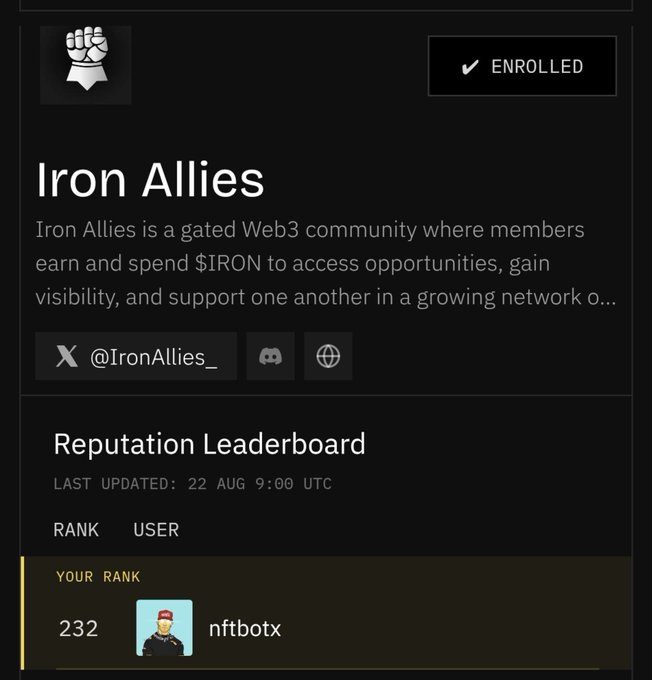 A profile page for 'Iron Allies', a gated Web3 community, showing 'ENROLLED' status and a Reputation Leaderboard where user 'nftbotx' ranks at 232.