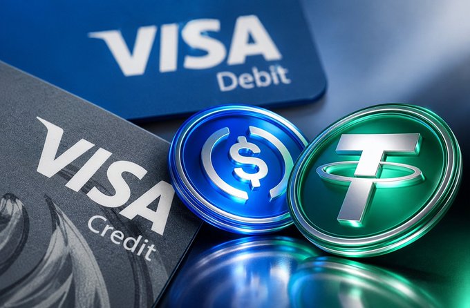 A close-up image of Visa credit and debit cards placed next to two cryptocurrencies coins representing USDC (blue dollar symbol) and Tether (green 'T' symbol).