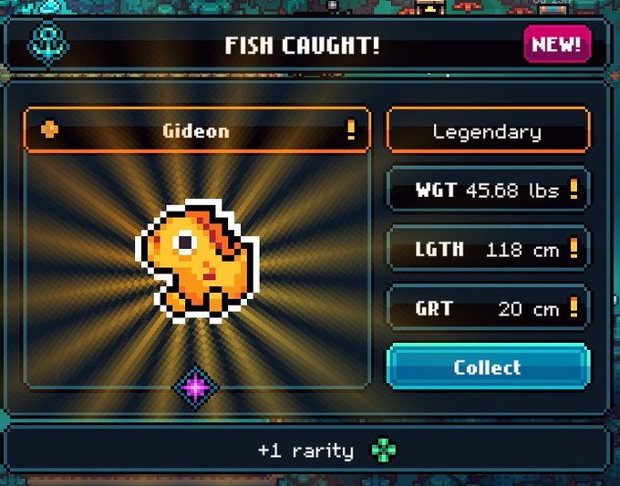 A pixel art video game interface announces 'FISH CAUGHT!' showing a Legendary fish named 'Gideon' with a weight of 45.68 lbs and length of 118 cm.