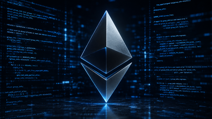 The Ethereum logo (diamond shape) glowing in blue at the center, surrounded by lines of code on a dark background.