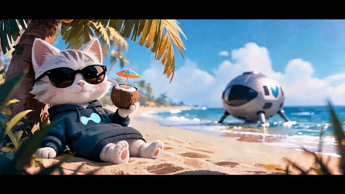 The image features a cartoon cat wearing sunglasses, sitting on a beach next to a palm tree. In the background, there are two objects - one appears to be an alien-like creature or robot with a blue body and white head, while the other is a boat floating in the ocean. The caption of the image reads "perps and outcomes with 0% markup".