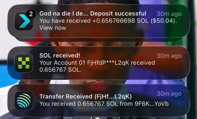 A screenshot showing notifications of a successful cryptocurrency deposit, displaying 'Deposit successful' for +0.656766698 SOL ($50.04) with confirmation messages from two apps.