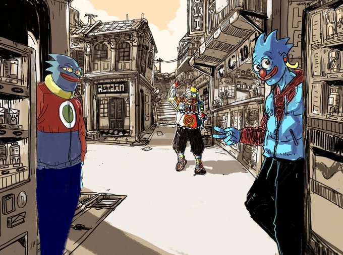 An illustrated street scene shows three cartoonish figures, including blue-skinned characters, standing in an alleyway between detailed city buildings.