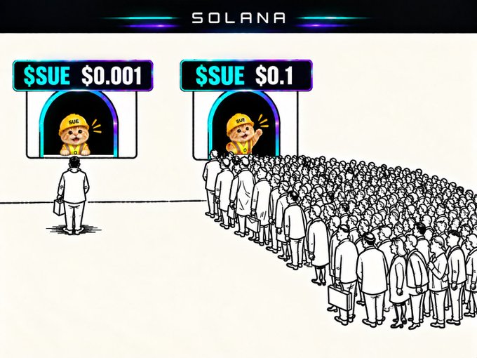 The image, branded with "SOLANA" at the top, depicts two service windows offering "$SUE" tokens—one priced at $0.001 with a lone customer, and another at $0.1 with a massive crowd waiting—illustrating the post's message about how quiet early entry gives way to overwhelming demand once hype arrives.