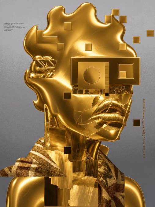 A 3D-rendered golden sculptural portrait of a woman wearing VR goggles, with golden cubes floating around her head against a gray background, featuring small technical text along the edges.