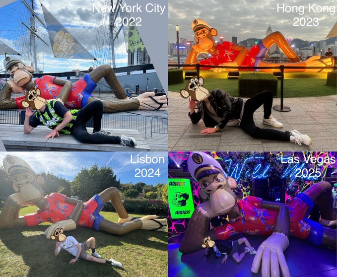 Four-panel travel photo collage: monkey mascot poses in New York City 2022, Hong Kong 2023, Lisbon 2024, and Las Vegas 2025.