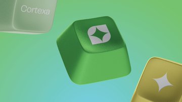 A 3D rendering of stylized app icons including a green cube with a logo and the word 'Cortexa' on a gradient background.