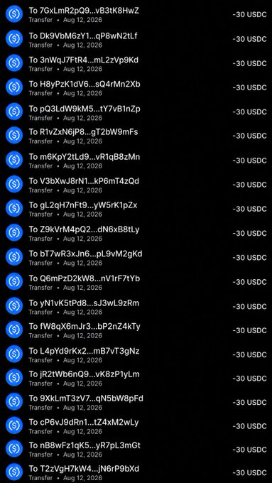 The image shows a list of 20 USDC transfers, each dated Aug 12, 2026, with recipients identified by truncated wallet addresses, each receiving -30 USDC—illustrating the claimed payouts from the "Massive $30 Giveaway" for 20 winners mentioned in the post.