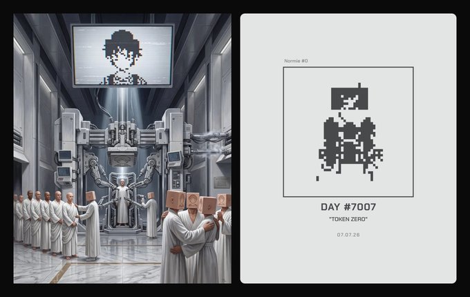 The image shows a split scene: on the left, a futuristic chamber where robed figures wearing box-shaped heads watch a humanoid being processed by robotic arms beneath a large screen displaying a pixelated face, while on the right is a minimalist card labeled "Nonnie #0," "DAY #7007," "'TOKEN ZERO'," and dated "07.07.26." This visually represents the "Compressed Identity Transfer" concept from the post, illustrating the ritualistic digitization of a human's essence into a pixelated NFT form on Day 7007 of Beeple's "Token Zero" series.