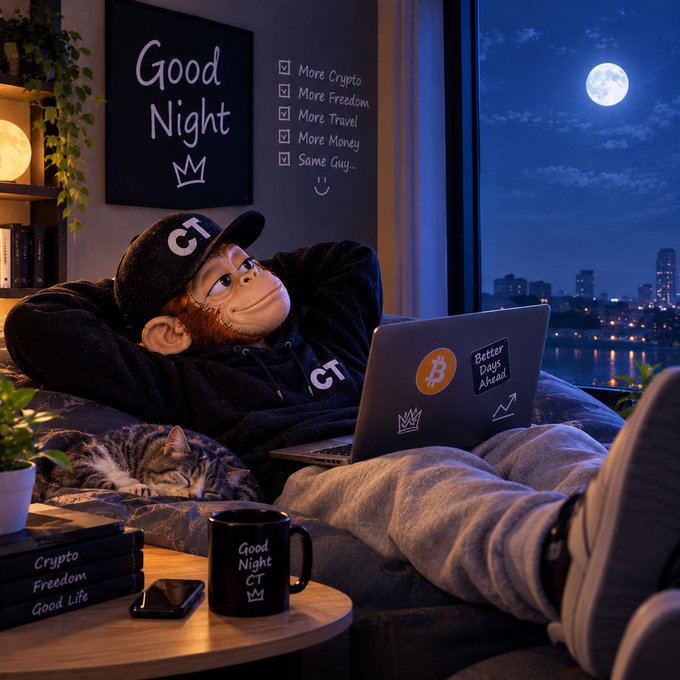 A stylized nighttime scene showing a person wearing a CT cap relaxing on a couch with a laptop displaying Bitcoin and 'Better Days Ahead' stickers, a 'Good Night' mug, and a city skyline with a full moon in the background.