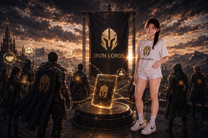 The image features a promotional scene for "IRON LORDS" displaying a glowing smartphone with the brand logo, alongside a large banner bearing the same "IRON LORDS" text and helmet emblem, set against a medieval battlefield with armored knights and a castle at sunset.

A young woman stands prominently in the foreground wearing an "IRON LORDS" t-shirt, casual shorts, and sneakers, creating a striking contrast between her modern, relaxed appearance and the epic fantasy warriors and dramatic golden-hued sky behind her—visually reinforcing the post's theme of nobility and ownership transcending traditional expectations.