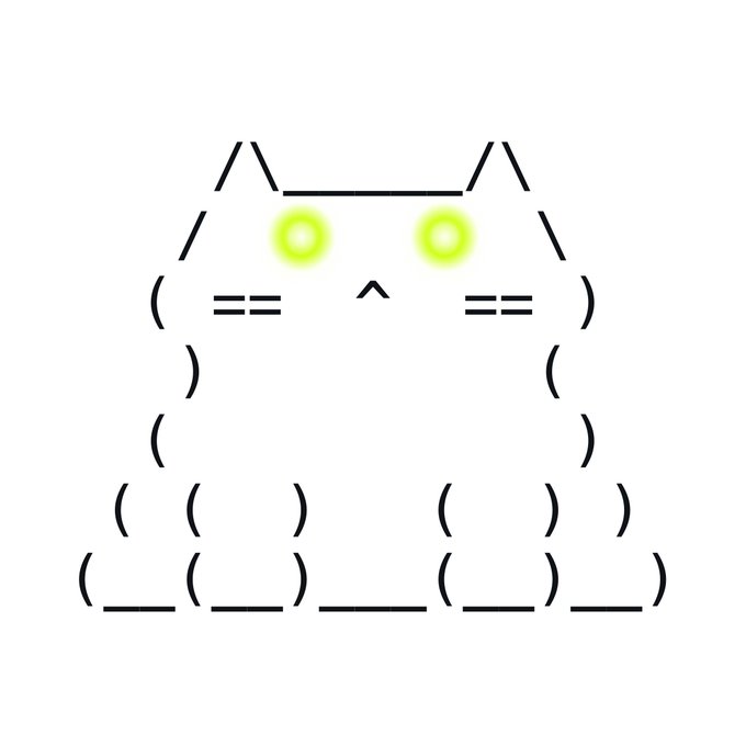 An ASCII art illustration of a cat's face constructed from symbols like slashes, parentheses, equals signs, and underscores, featuring glowing green eyes.