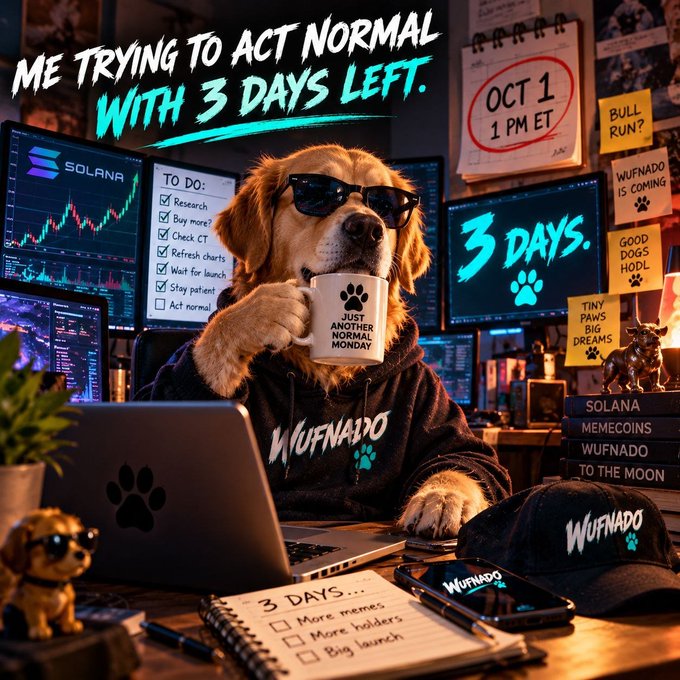 Promotional image for 'WUFNADO' featuring a dog in sunglasses holding a mug that says 'JUST ANOTHER NORMAL MONDAY', with text 'ME TRYING TO ACT NORMAL WITH 3 DAYS LEFT' and 'OCT 1 1 PM ET' visible.