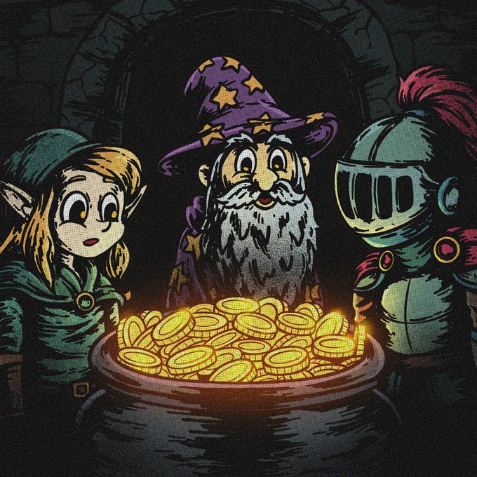 A cartoon-style illustration showing a green elf, a wizard with a purple star-covered hat, and a knight in armor looking down into a cauldron overflowing with glowing gold coins.