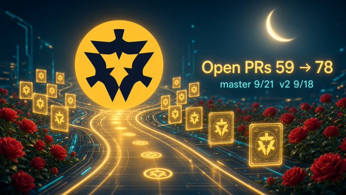 A graphic with a large yellow and black emblem, illuminated star icons along a glowing path through a rose garden, and text reading 'Open PRs 59 → 78, master 9/21 v2 9/18' under a crescent moon.