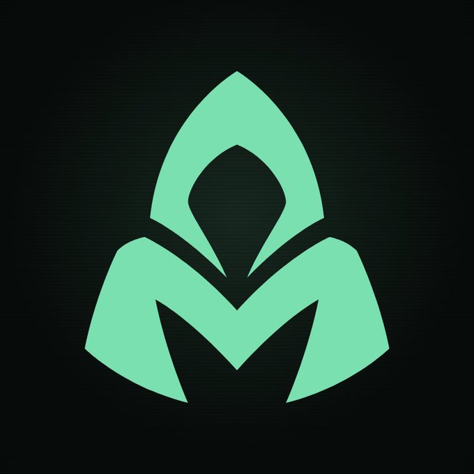 A minimalist green logo on a black background, featuring a stylized geometric design resembling a leaf or hooded figure.
