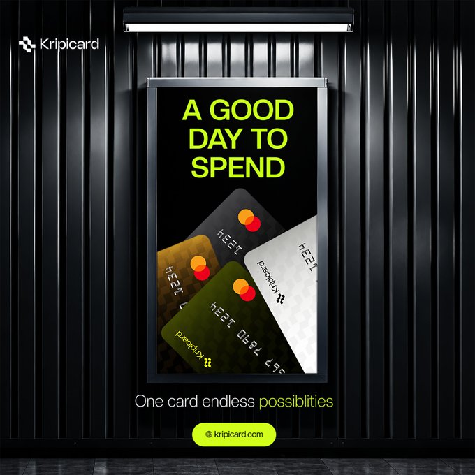 A Kripicard advertisement shows overlapping payment cards beneath the headline “A GOOD DAY TO SPEND,” with the tagline “One card endless possibilities” and “kripicard.com.”