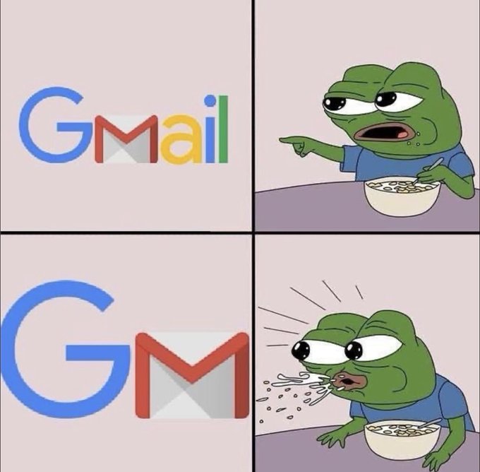 A four-panel meme featuring Pepe the Frog. In the top panels, he happily eats while pointing at the "Gmail" logo, but in the bottom panels he angrily spits out his food in disgust when the letters "GM" are removed, leaving just a "G".
