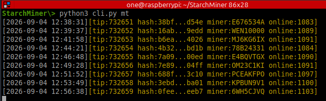 A terminal window showing a 'StarchMiner' command-line interface with Python output, displaying a series of mining logs with timestamps from September 2026, tip numbers, hashes, miner IDs, and online counts.