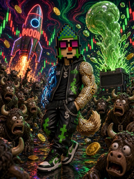 A vibrant, psychedelic digital artwork depicts a character with a pixelated green face, gold chains, and a gold-armored arm, surrounded by cartoonish bulls, coins, a "MOON" rocket, and green slime, alongside stock market charts.