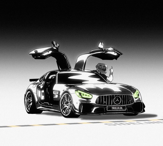 A black and white illustration of a Mercedes sports car with gull-wing doors open, featuring a trollface character giving a thumbs up and a license plate reading 'TROLOLOL'.