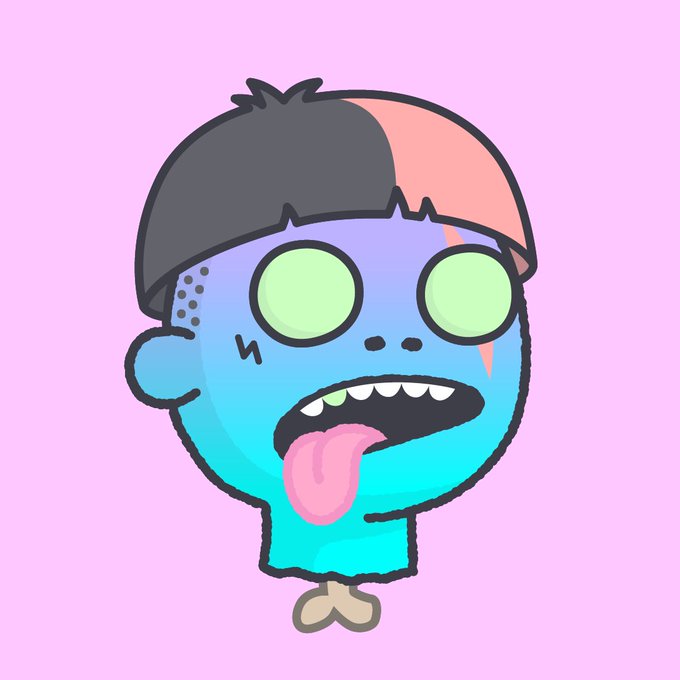 A cartoon zombie character with half pink and half dark hair, glowing green eyes, and tongue hanging out on a pink background.